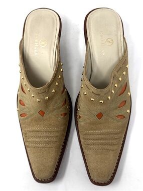 Cole Haan Tan Suede Studded Cutout Mules with Rust Accents